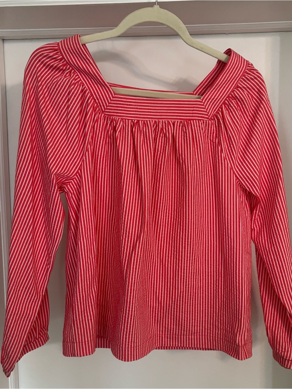 J. Crew Coral and White Striped Square-Neck Blouse Size Small